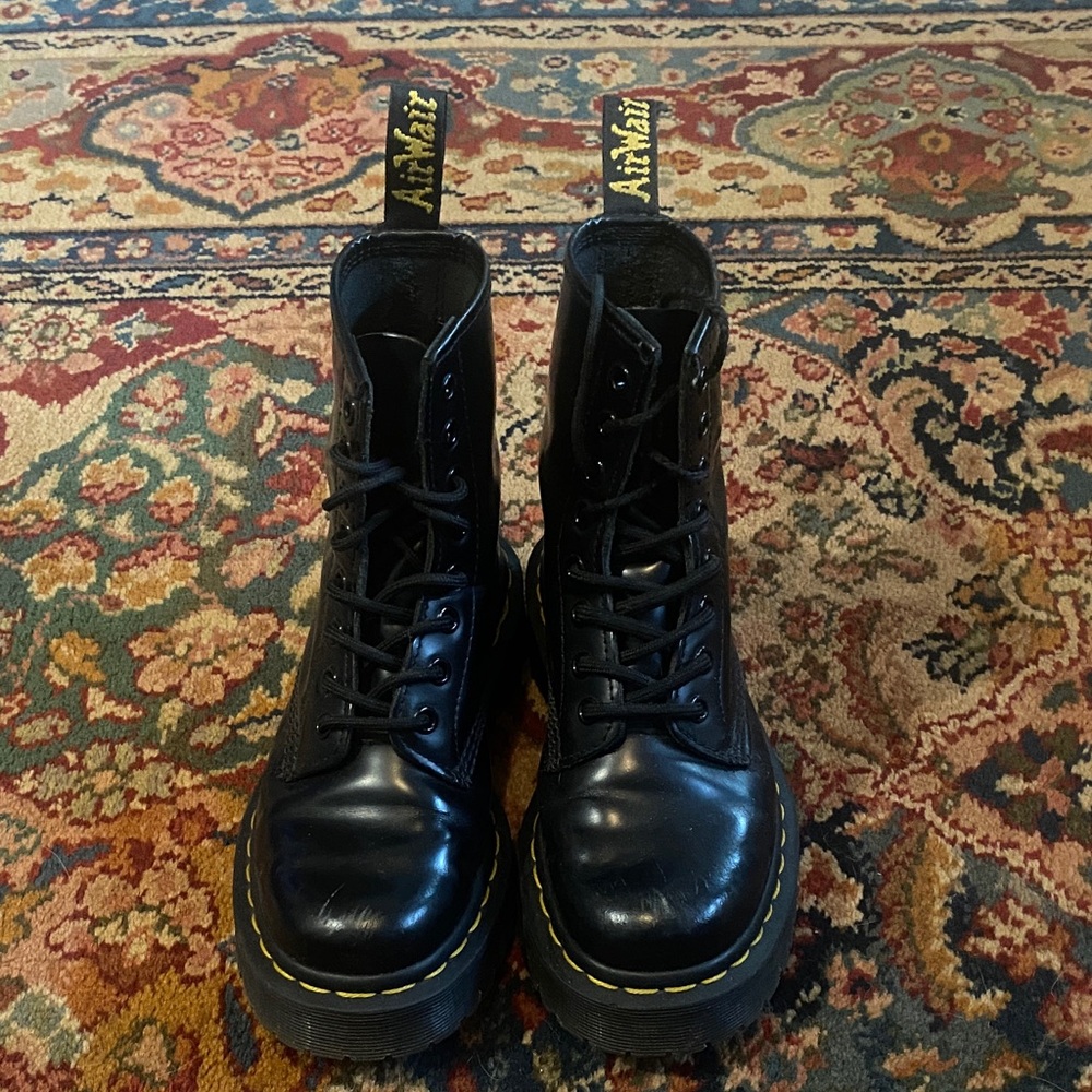Dr. Martens Shiny Black Boots with Yellow Accents